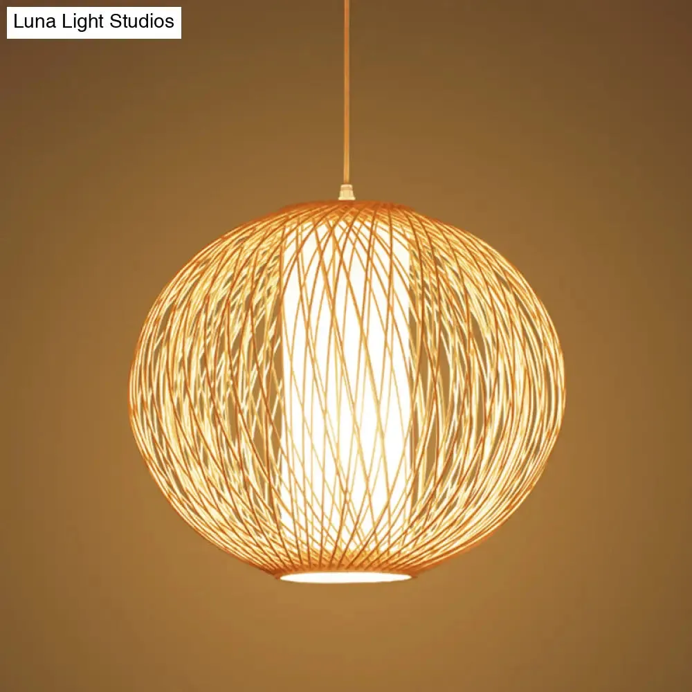 Chinese-inspired Beige Globe Pendant Lamp with Bamboo Hanging Light Kit - Inner White Cylinder Shade