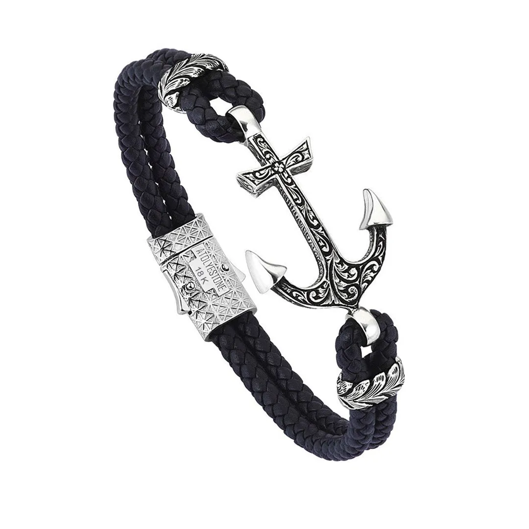 Classic Anchor Leather Bracelet - Solid White Gold