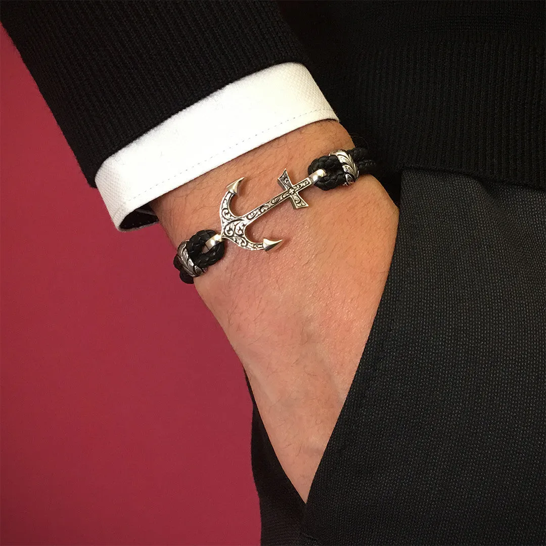 Classic Anchor Leather Bracelet - Solid White Gold