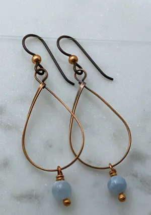 Copper teardrop earrings with aquamarine