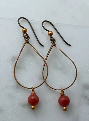 Copper teardrop earrings with coral