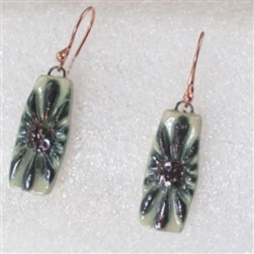 Crean with Green & Purle Flower Raku  Artisan Handmade Earrings