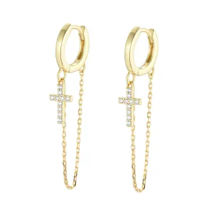 Cross Chain Huggie Earrings with Crystals