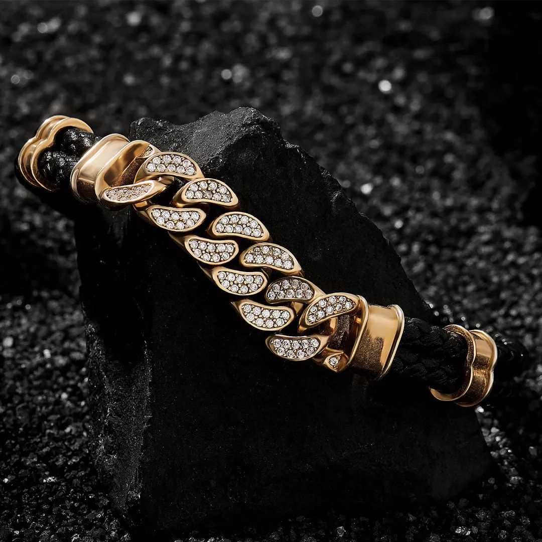 Cuban Links Leather Bracelet - Solid Yellow Gold