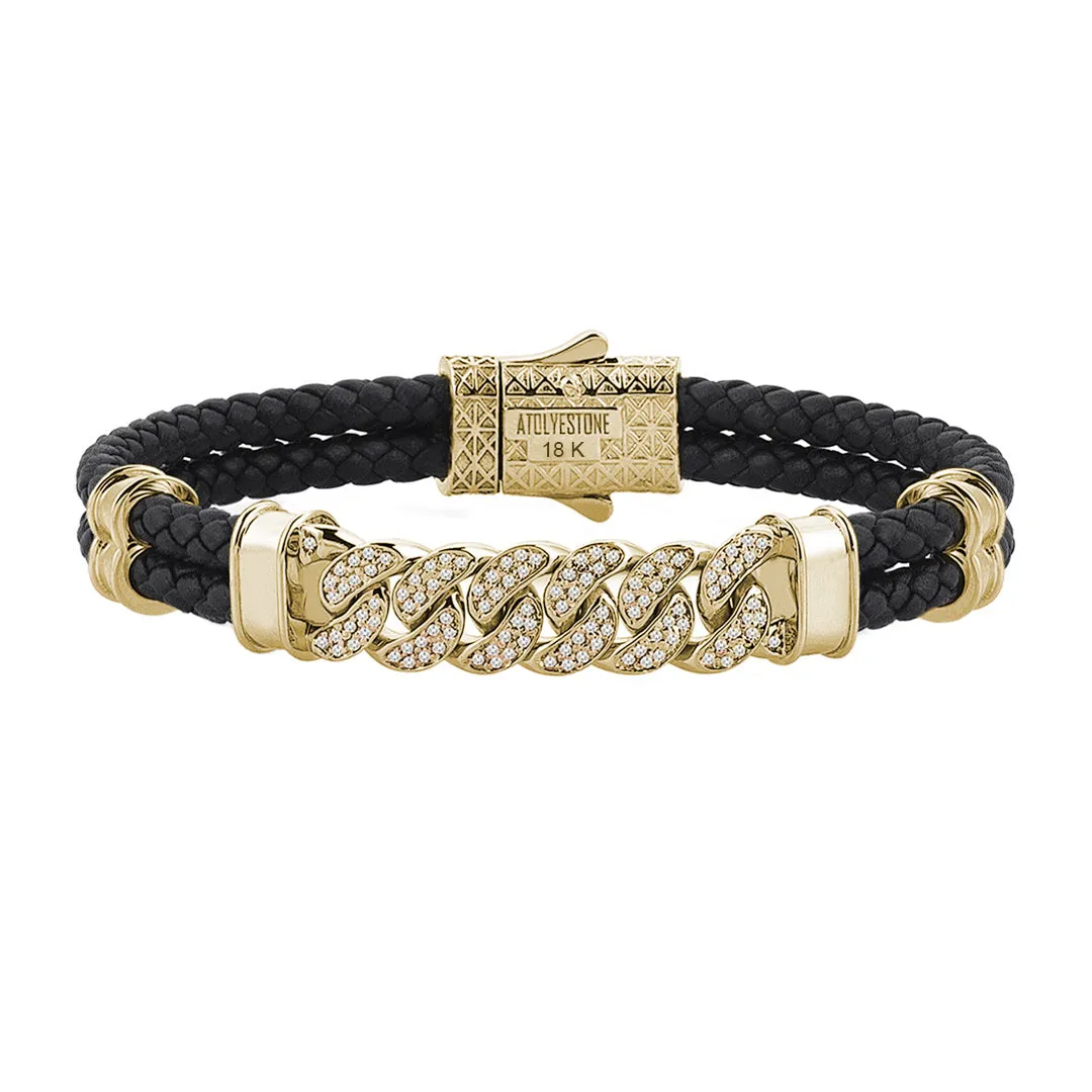 Cuban Links Leather Bracelet - Solid Yellow Gold