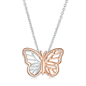 Dainty Garden 3D Butterfly Pendant Necklace Two-Tone Rose Gold & Silver Chain