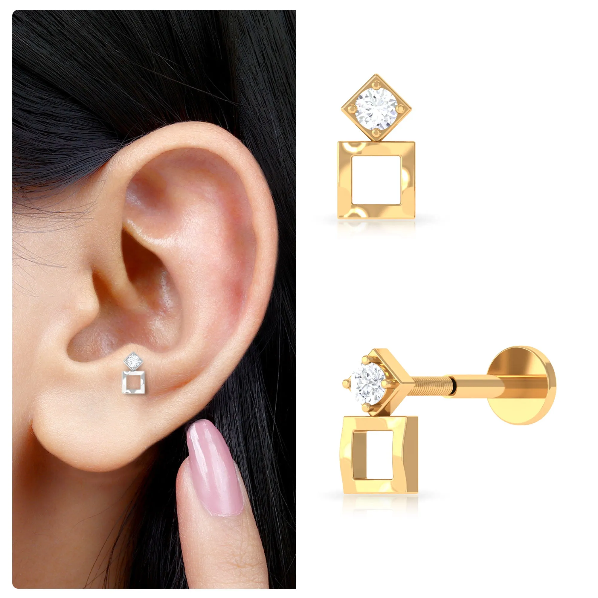 Dainty Round Diamond Square Tragus Earring