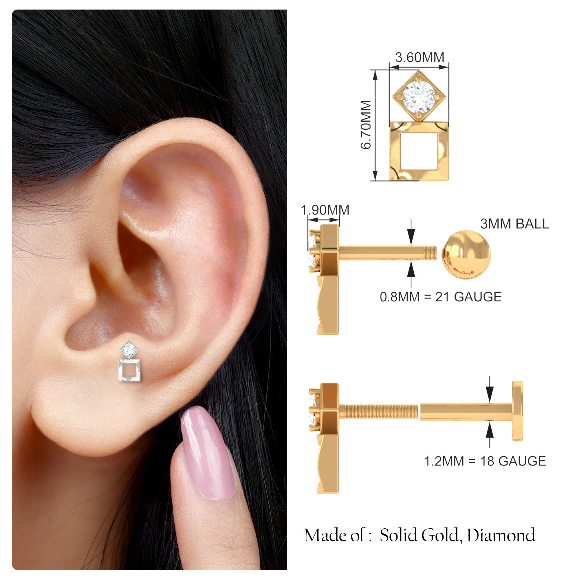 Dainty Round Diamond Square Tragus Earring