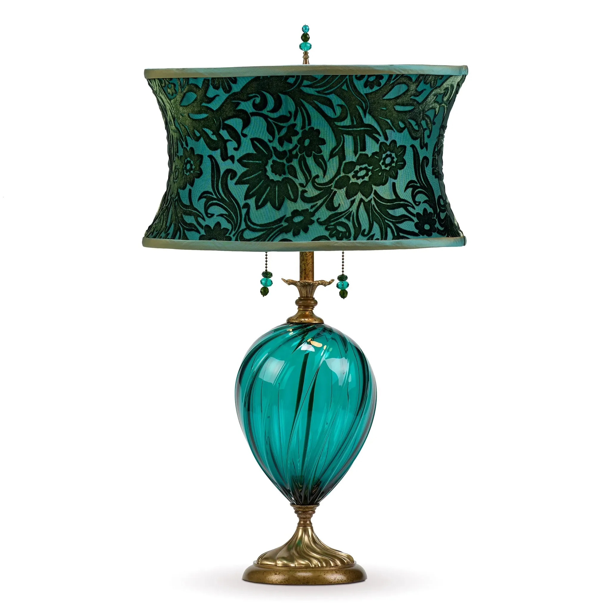 Daphne Table lamp 79K179 Kevin Obrien Velvet Evergreen and Turquoise Shade Teal Blown Glass Base by Kinzig Design