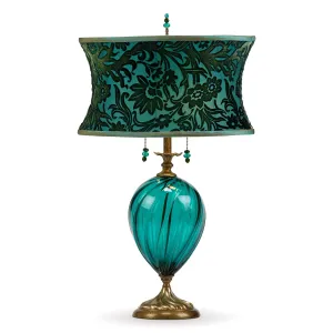 Daphne Table lamp 79K179 Kevin Obrien Velvet Evergreen and Turquoise Shade Teal Blown Glass Base by Kinzig Design