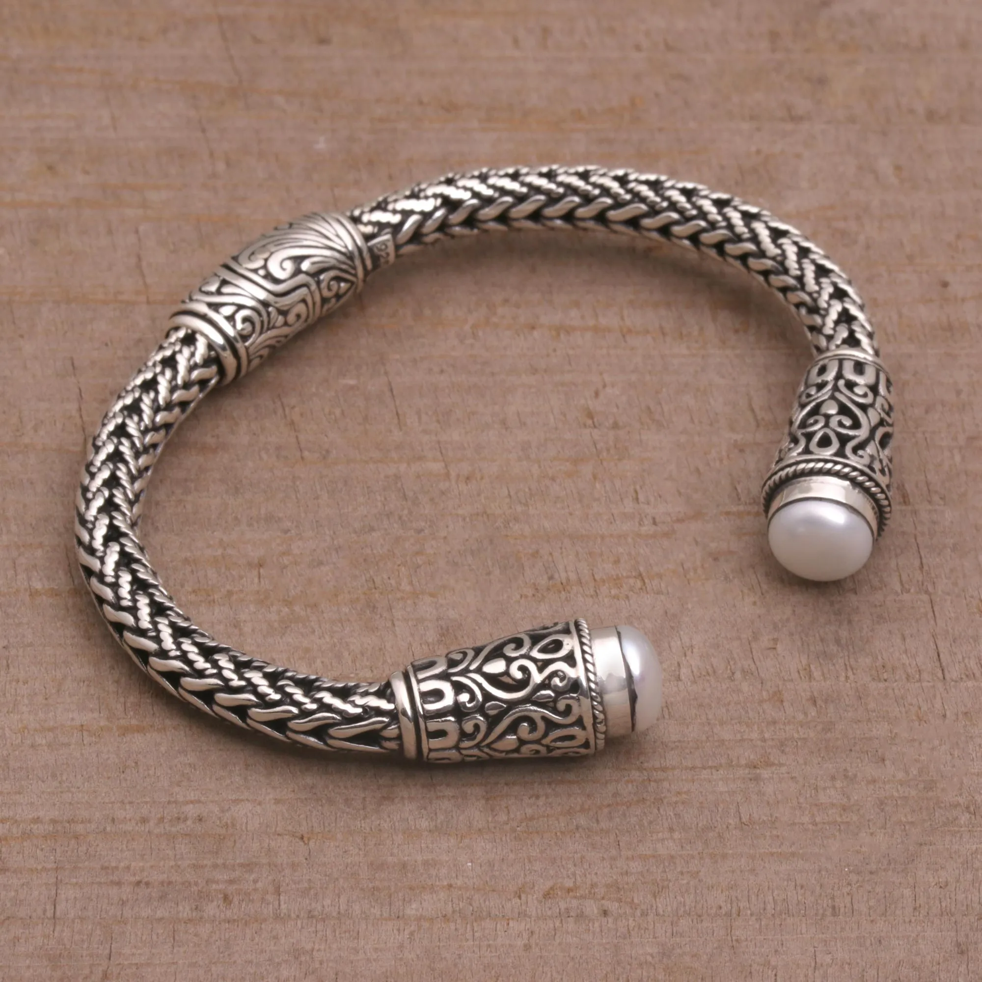 Dragon Beauty Cultured Pearl and Sterling Silver Cuff Bracelet from Bali