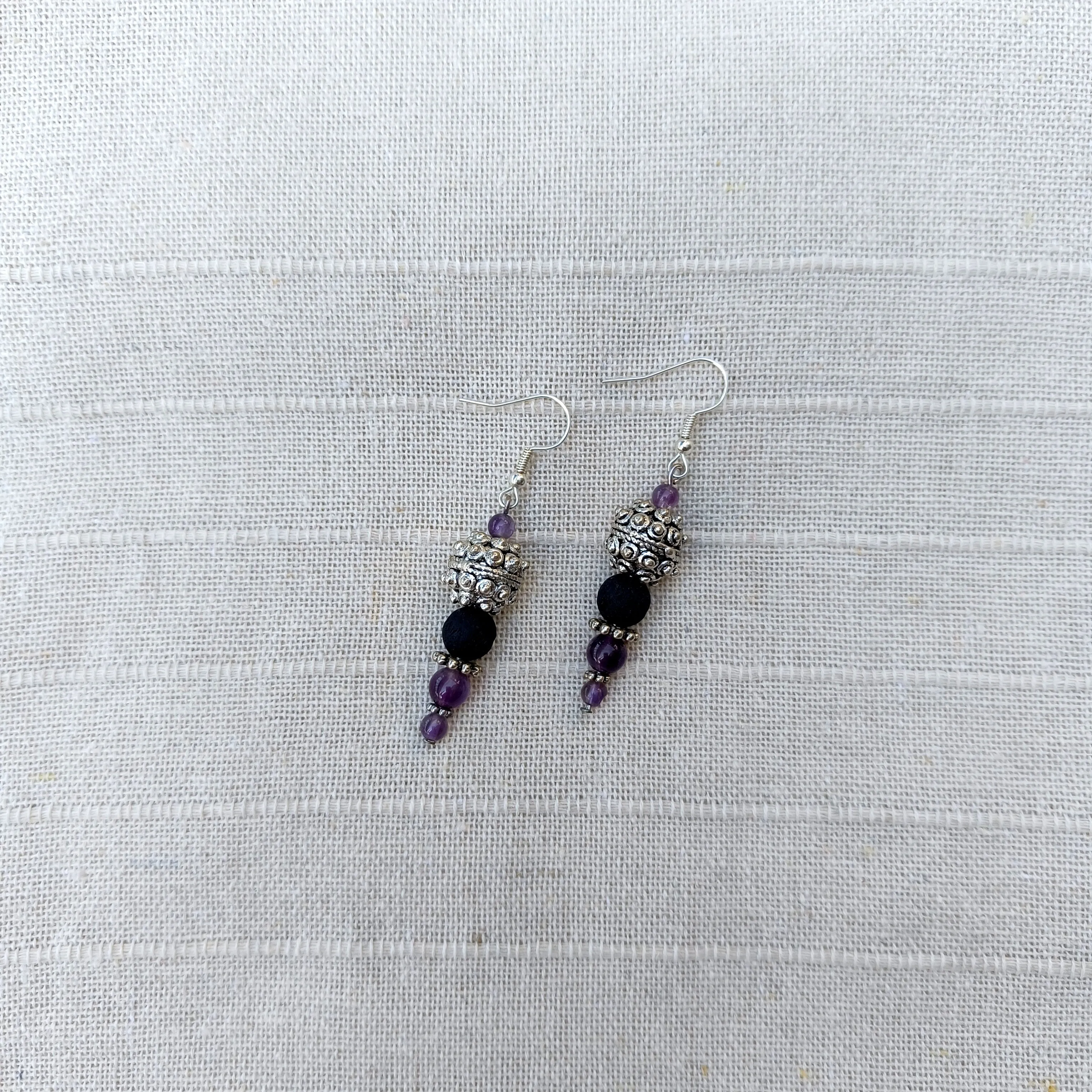 Drop Amethyst and Lava Stone Earrings