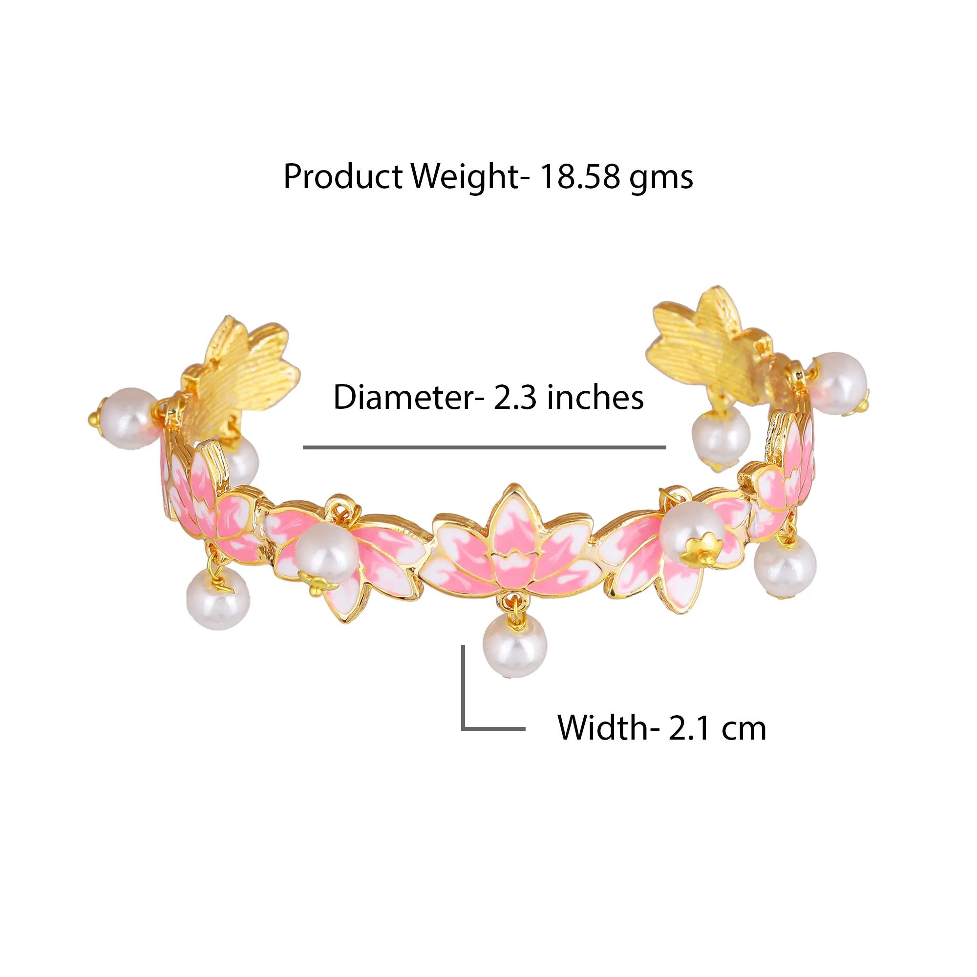 Estele Gold Plated Charismatic Lotus Designer Pearl Drop Cuff Bracelet with Pink Enamel for Girl's & Women