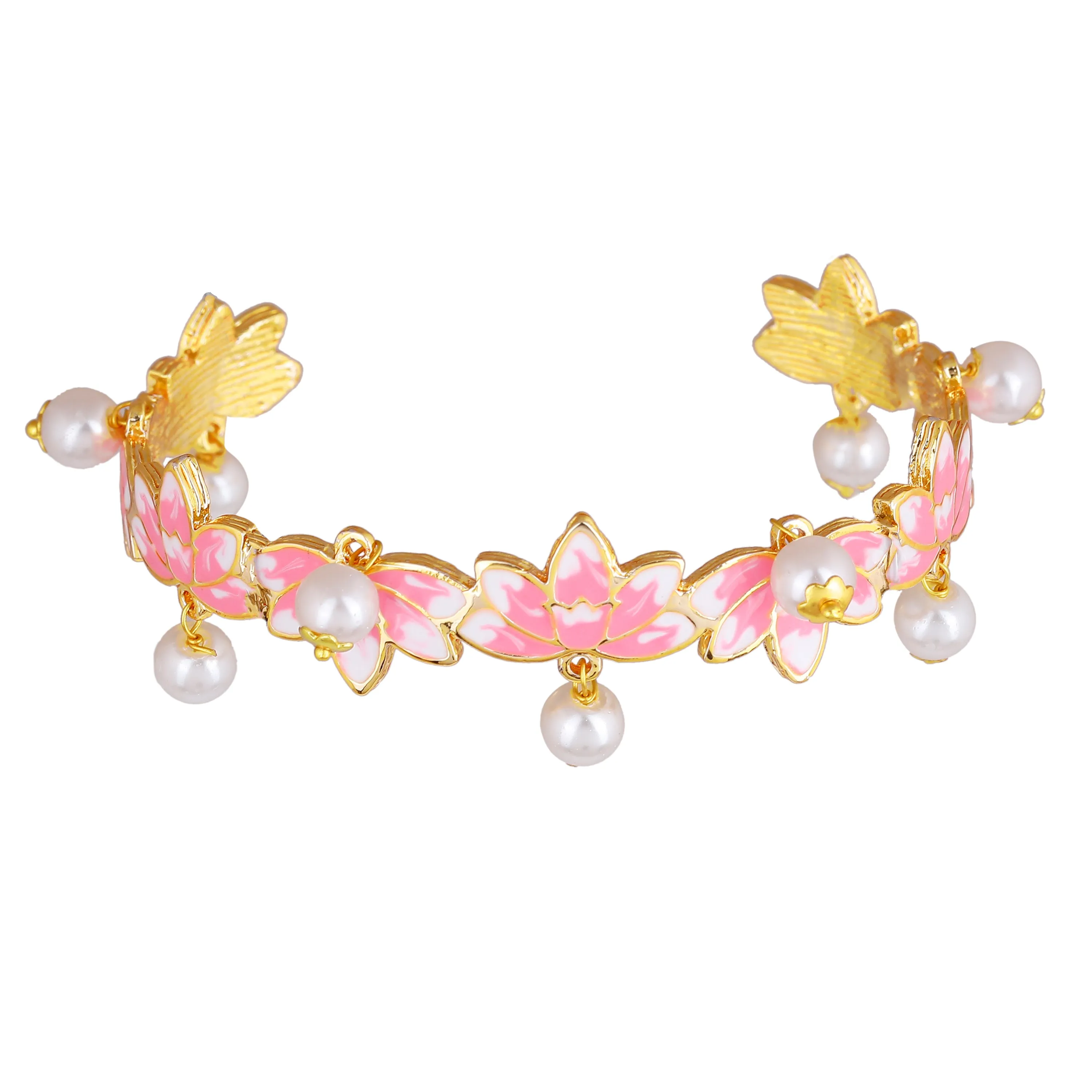 Estele Gold Plated Charismatic Lotus Designer Pearl Drop Cuff Bracelet with Pink Enamel for Girl's & Women