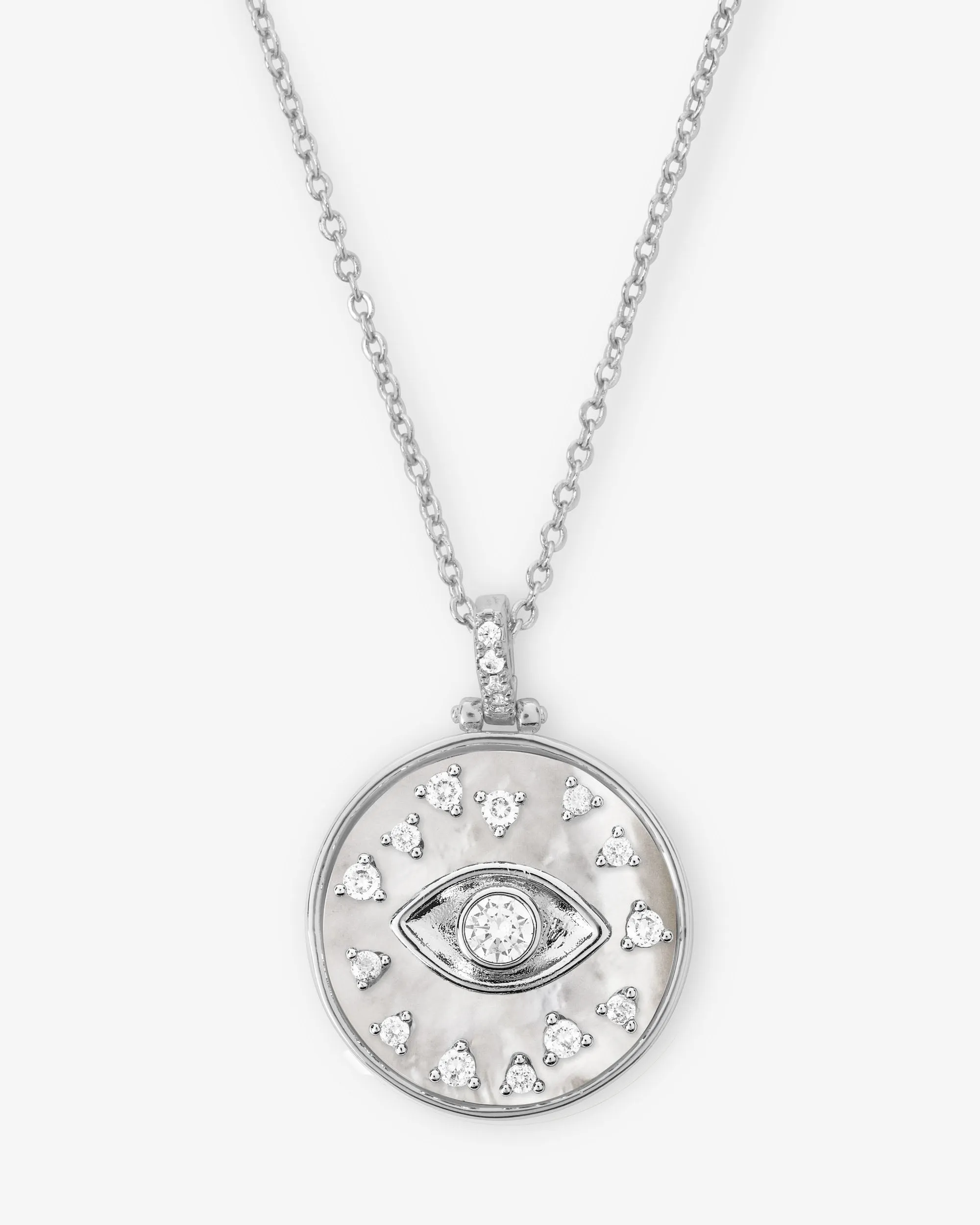 Evil Eye Medallion Necklace - Silver|White Diamondettes