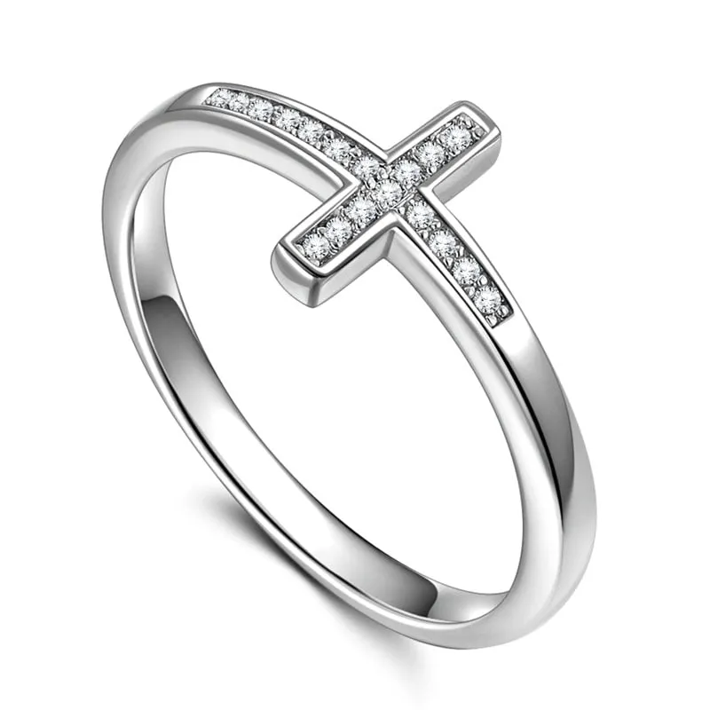 Fashion Jewelry Micro Pave Simple Cross Ring for Women with Zircon in Silver Color