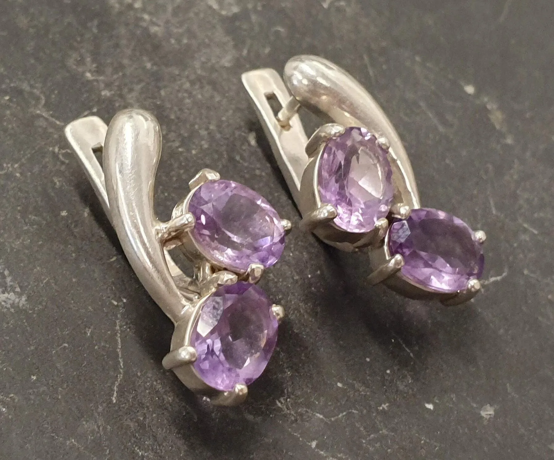 Genuine Amethyst Earrings - Two Stone Purple Earrings - Unique Vintage Earrings