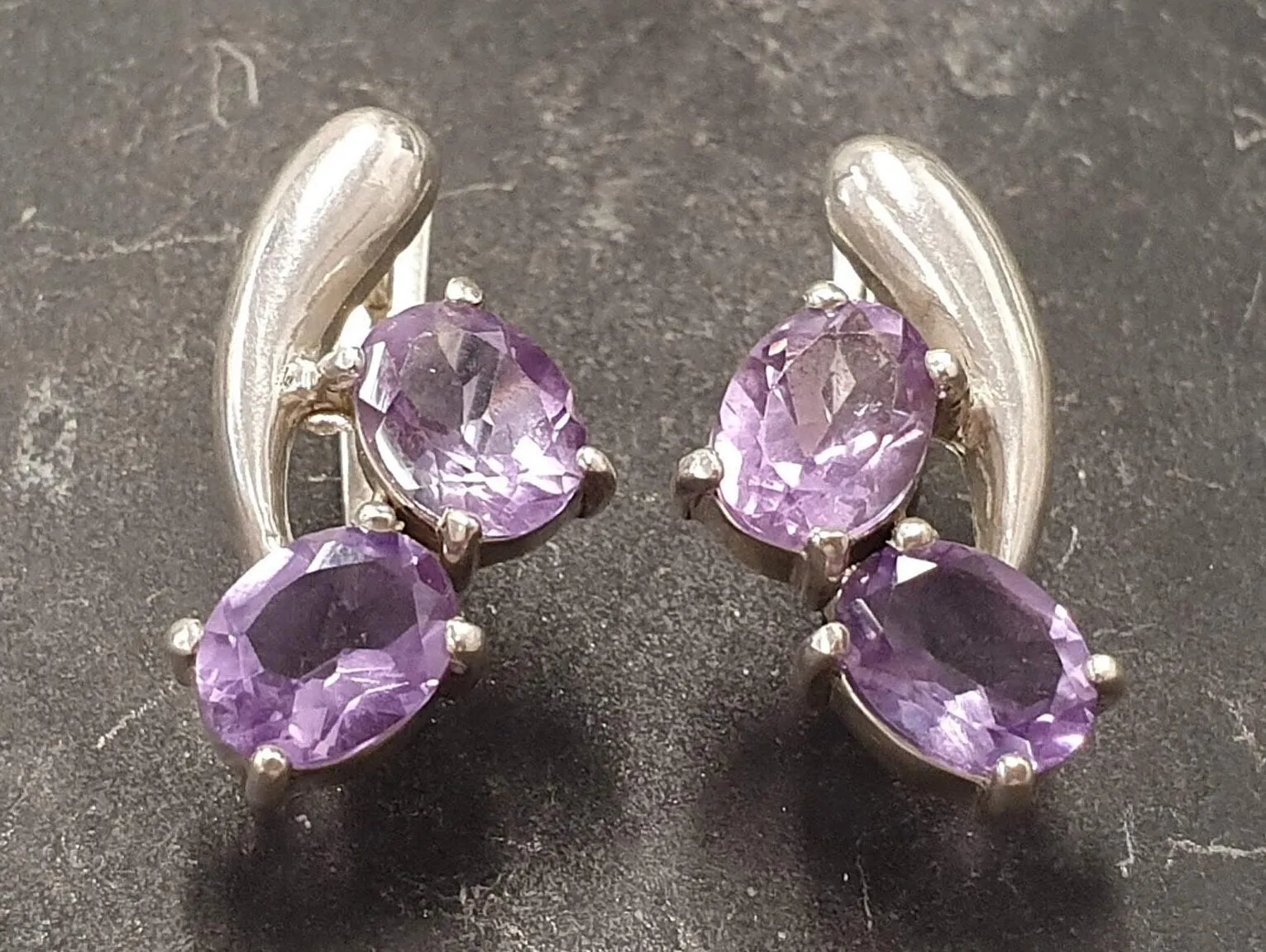 Genuine Amethyst Earrings - Two Stone Purple Earrings - Unique Vintage Earrings