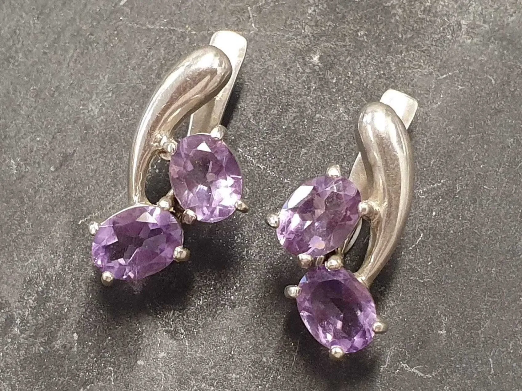 Genuine Amethyst Earrings - Two Stone Purple Earrings - Unique Vintage Earrings