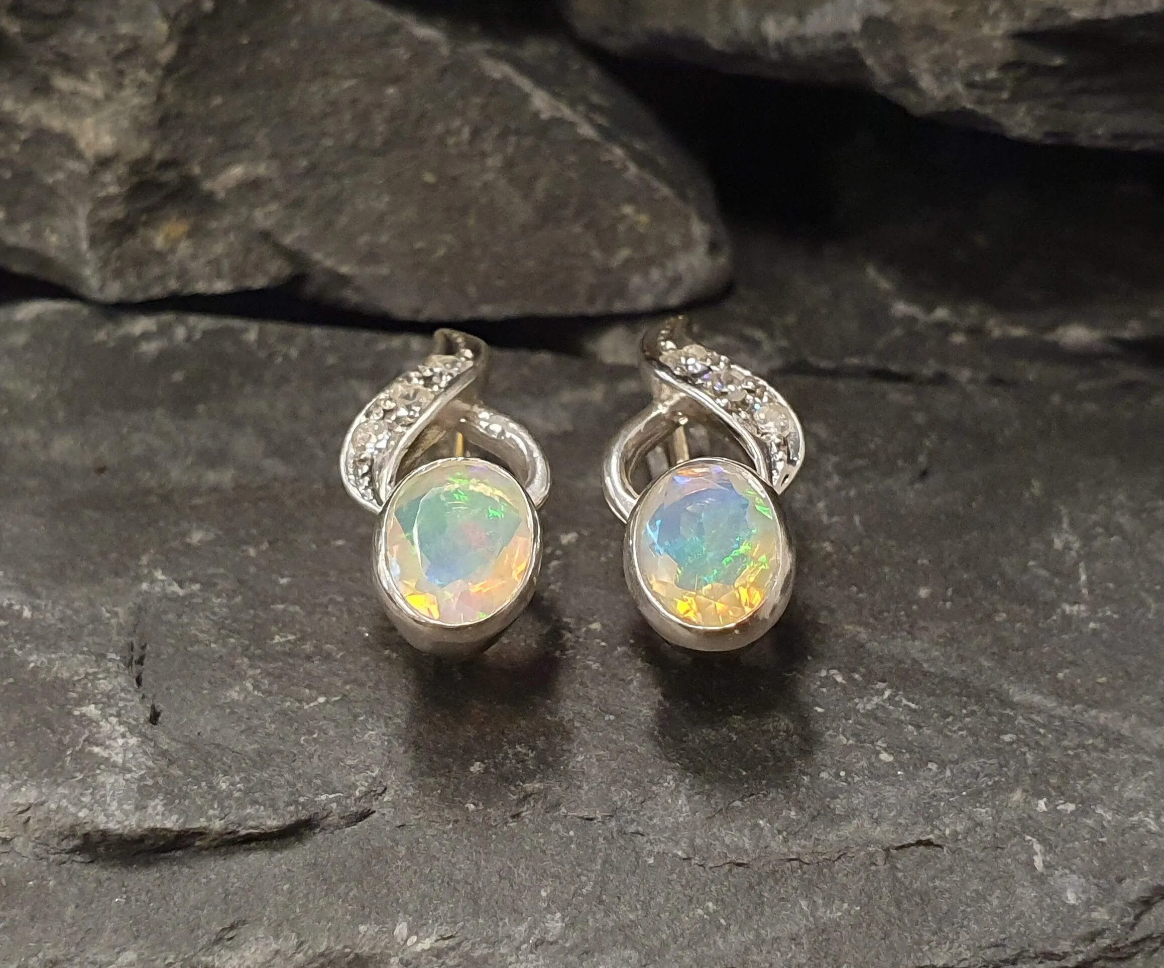 Genuine Opal Earrings - Fire Opal Earrings - White Drop Earrings