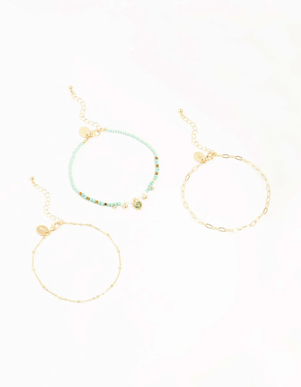 Gold Boho Heart & Mixed Chain Anklets 3-Pack