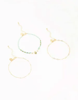 Gold Boho Heart & Mixed Chain Anklets 3-Pack