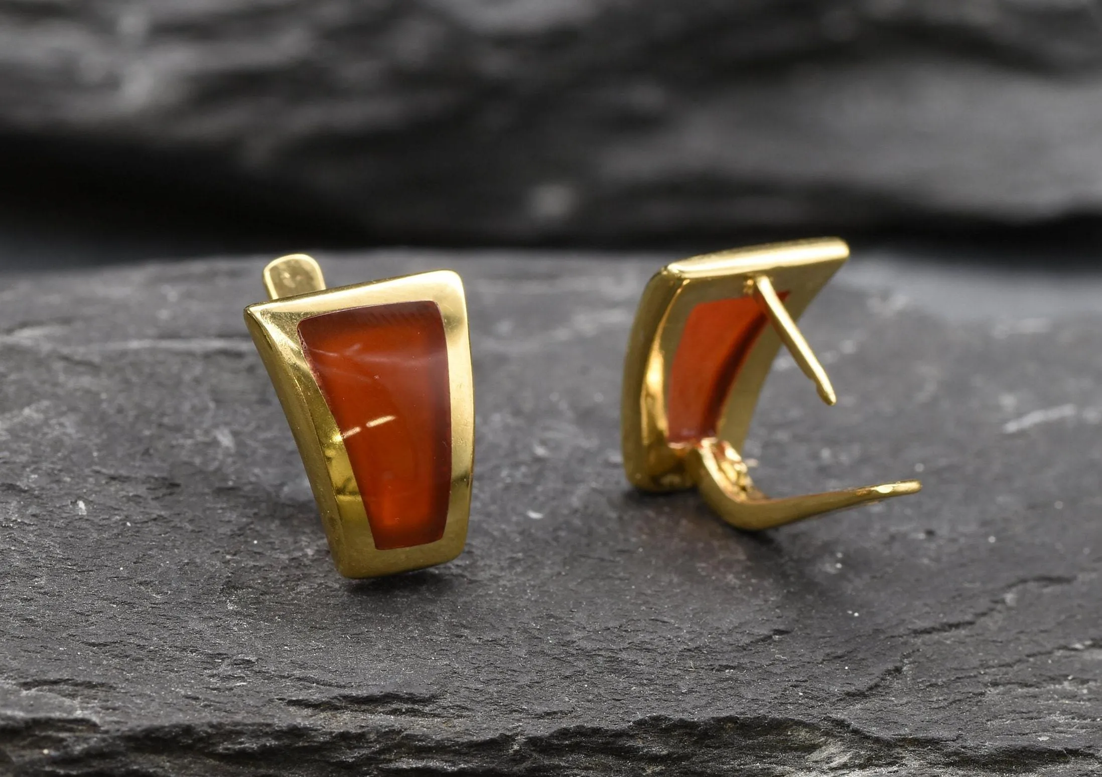 Gold Carnelian Earrings - Natural Carnelian Earrings, Gold Red Earrings