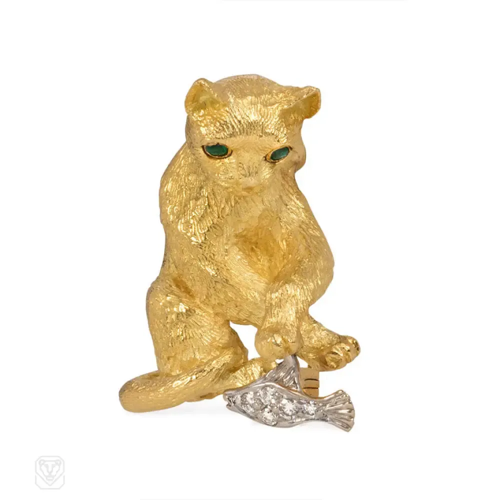 Gold cat and diamond fish brooch, Tiffany & Co.