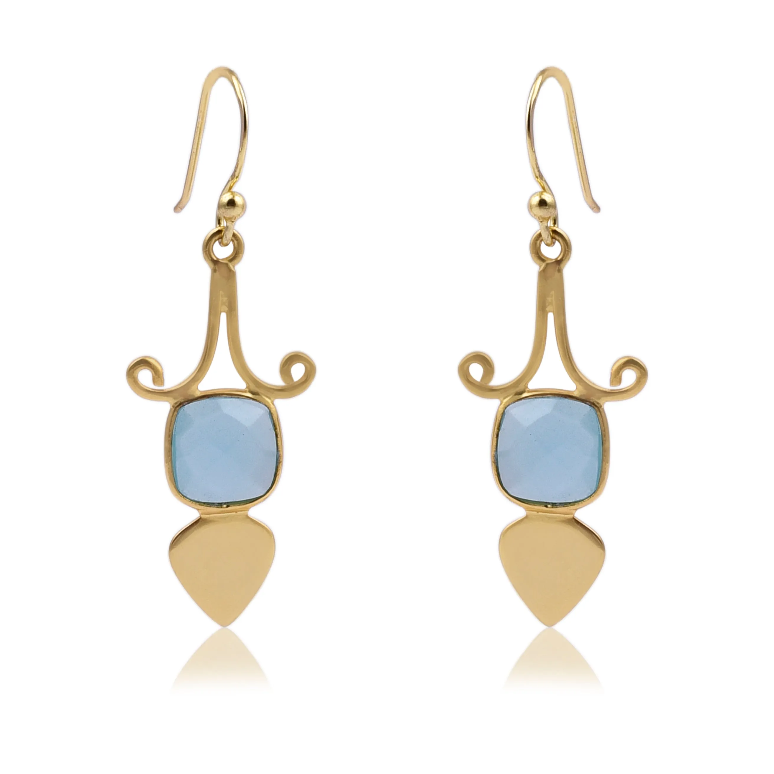 Gold Shield Aqua Chalcedony Earrings