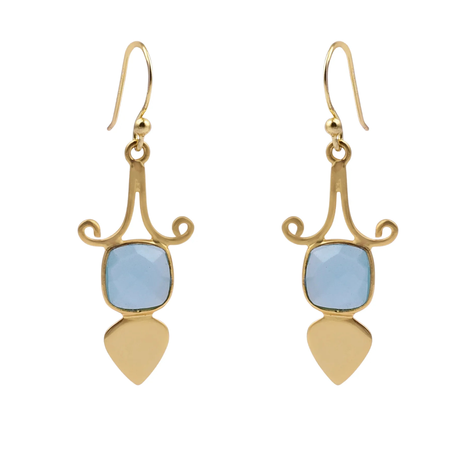 Gold Shield Aqua Chalcedony Earrings