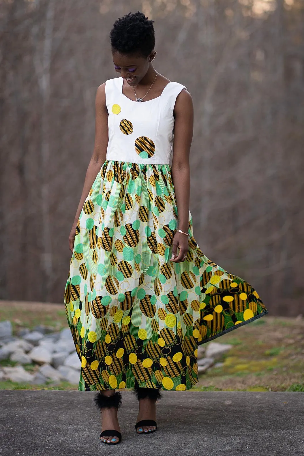 Gueye African Print Maxi Dress (White/ Yellow / Green)