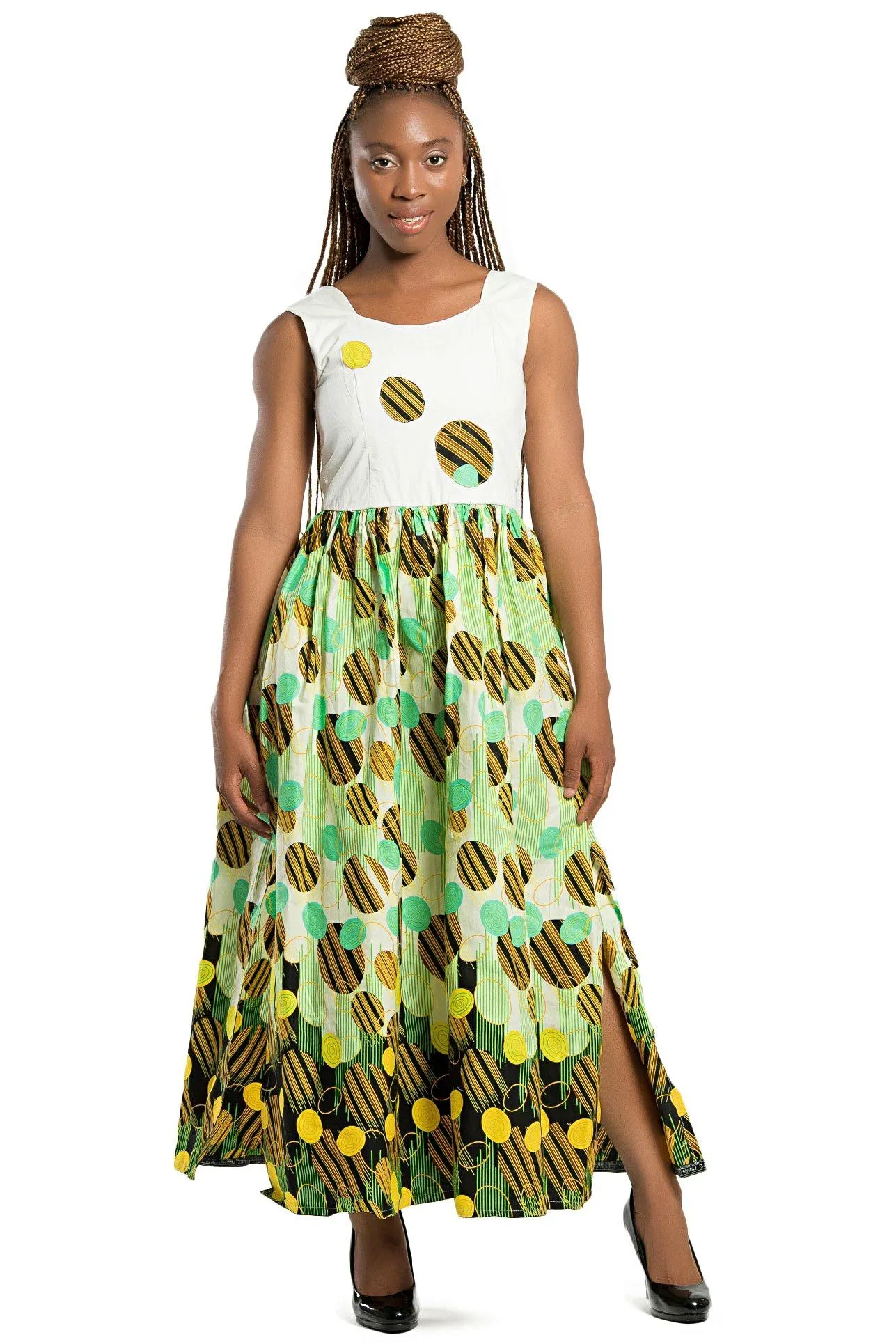 Gueye African Print Maxi Dress (White/ Yellow / Green)