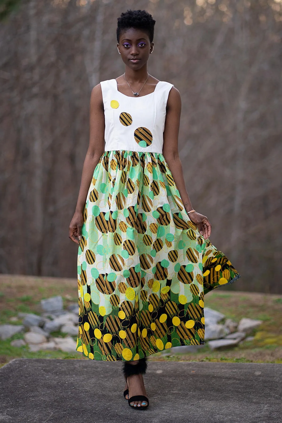 Gueye African Print Maxi Dress (White/ Yellow / Green)