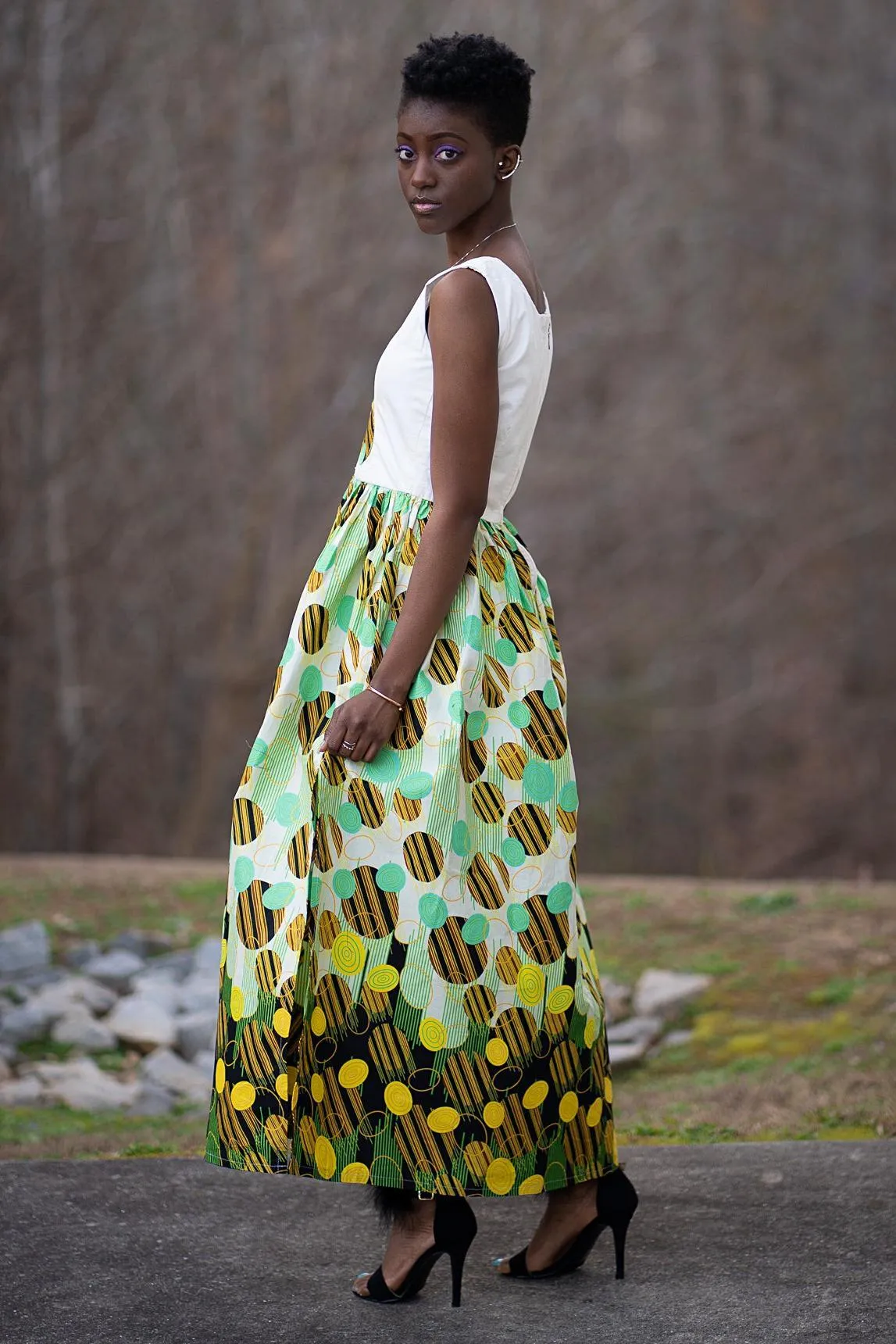 Gueye African Print Maxi Dress (White/ Yellow / Green)