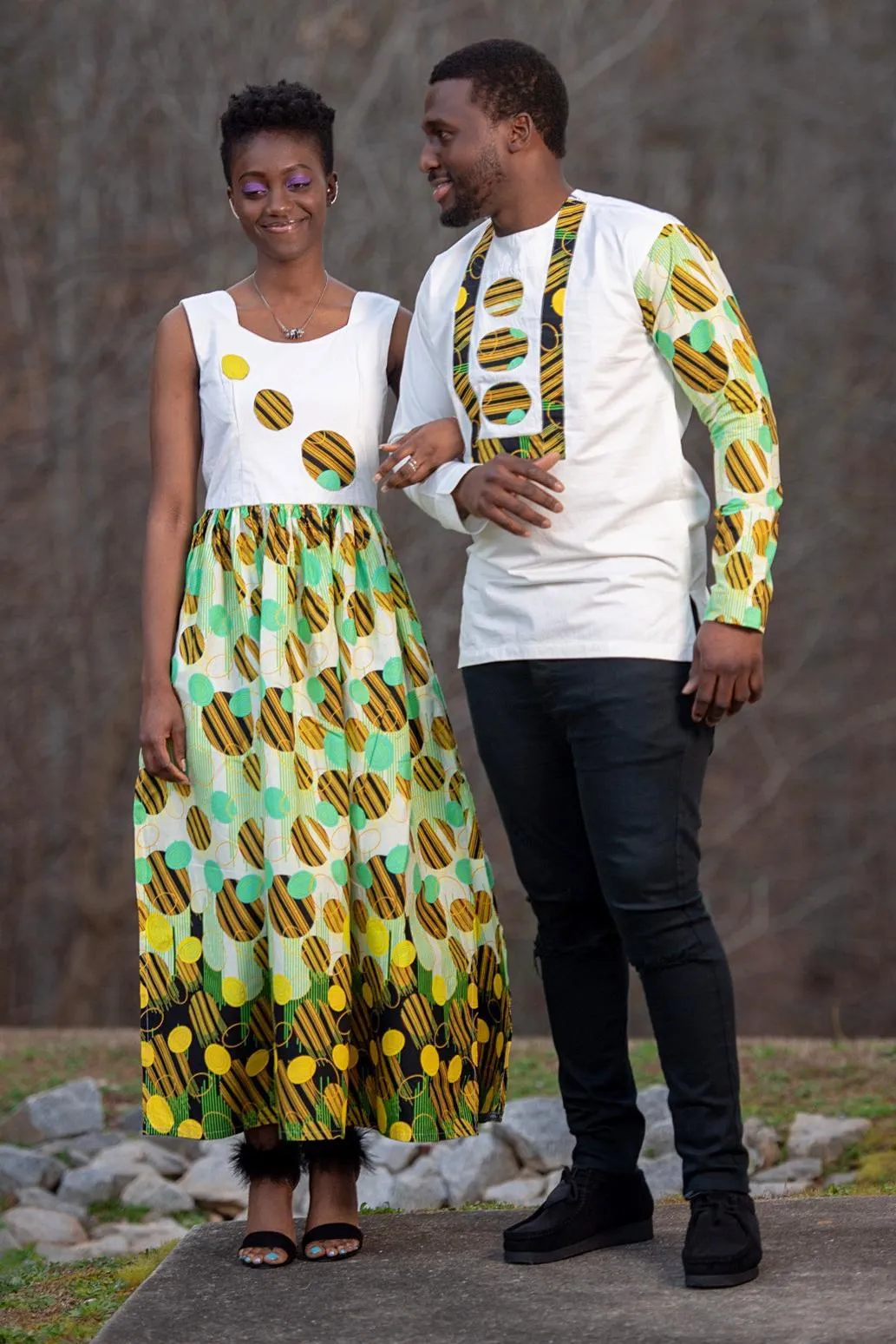 Gueye African Print Maxi Dress (White/ Yellow / Green)