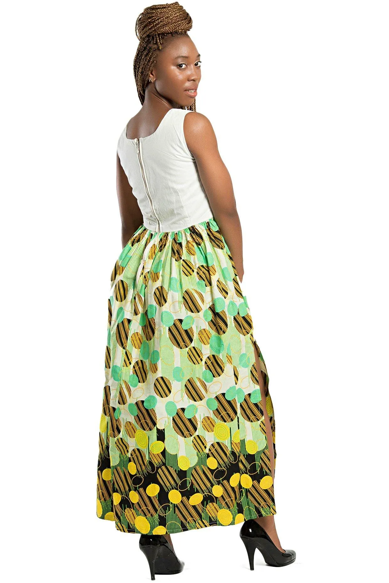 Gueye African Print Maxi Dress (White/ Yellow / Green)