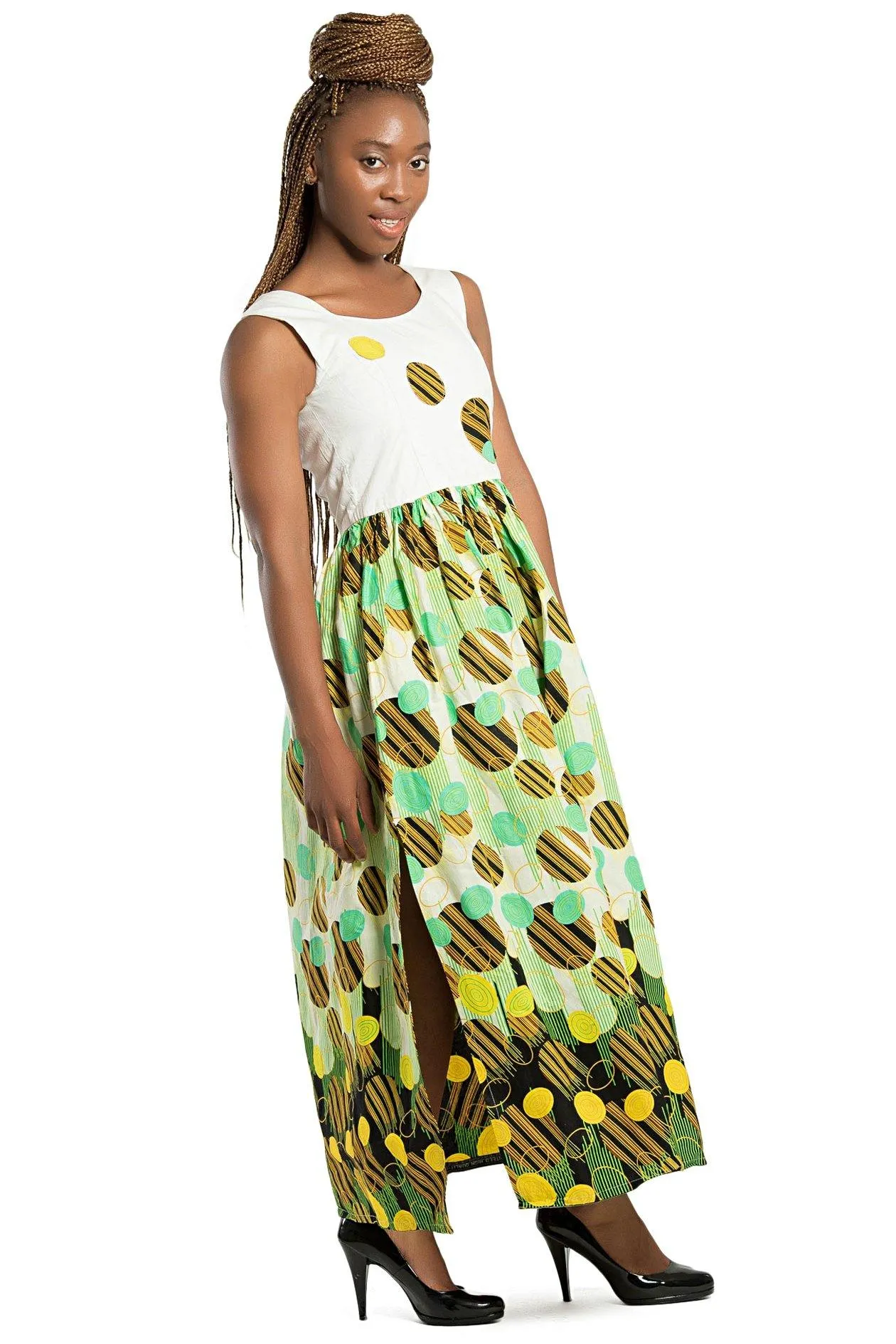 Gueye African Print Maxi Dress (White/ Yellow / Green)