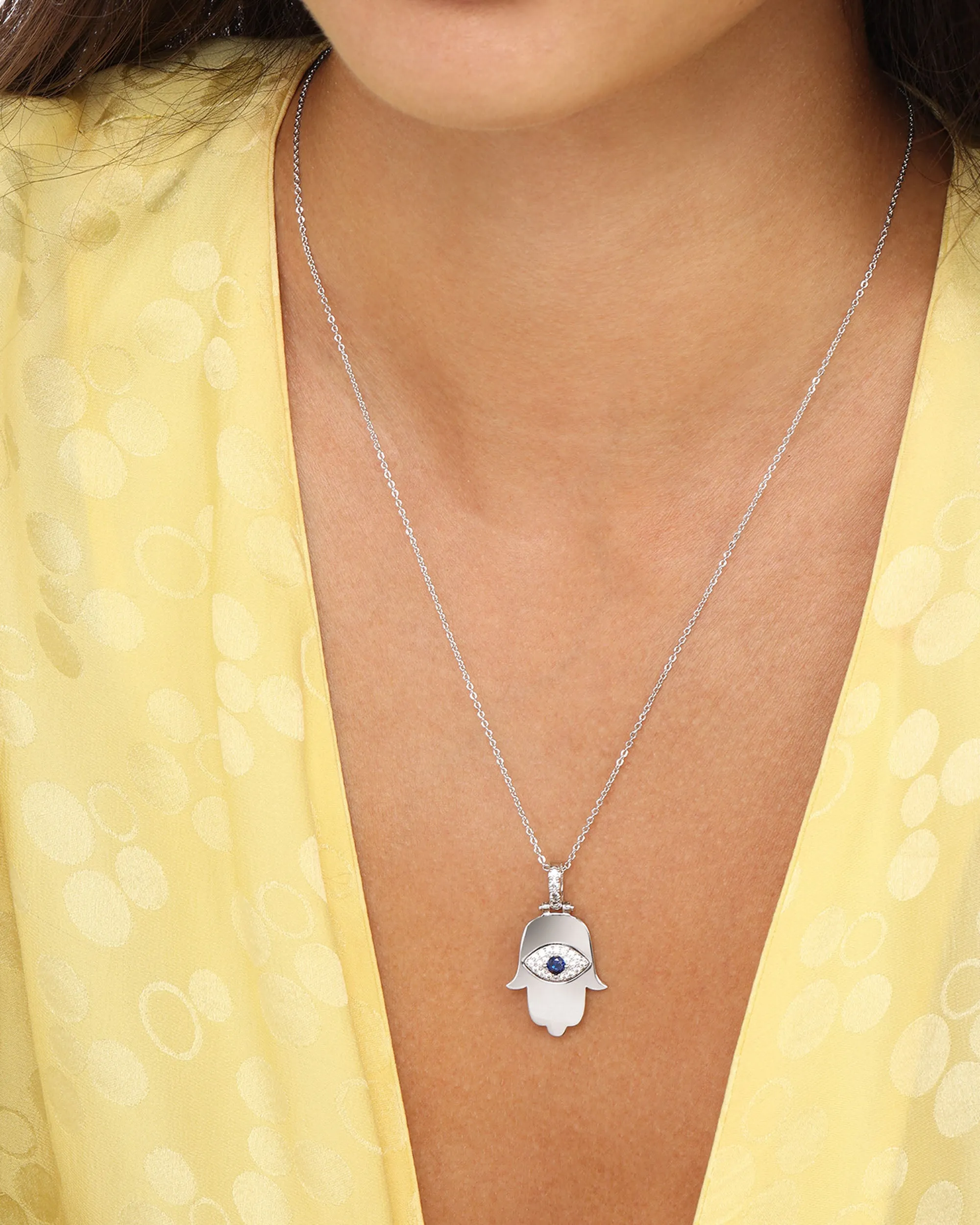 Hamsa Pendant Necklace - Silver|White Diamondettes