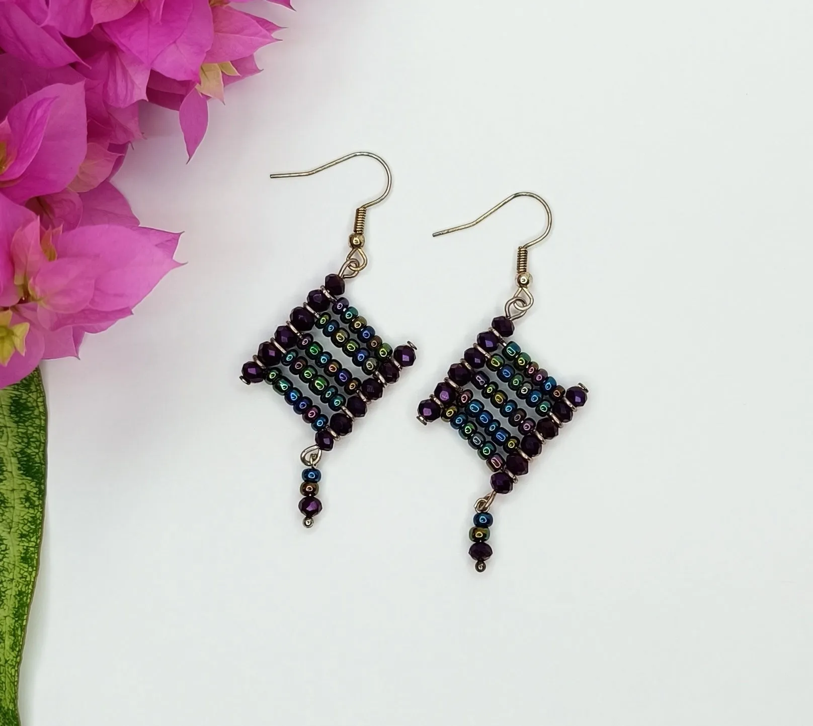 Handmade Beaded Earrings - Purple