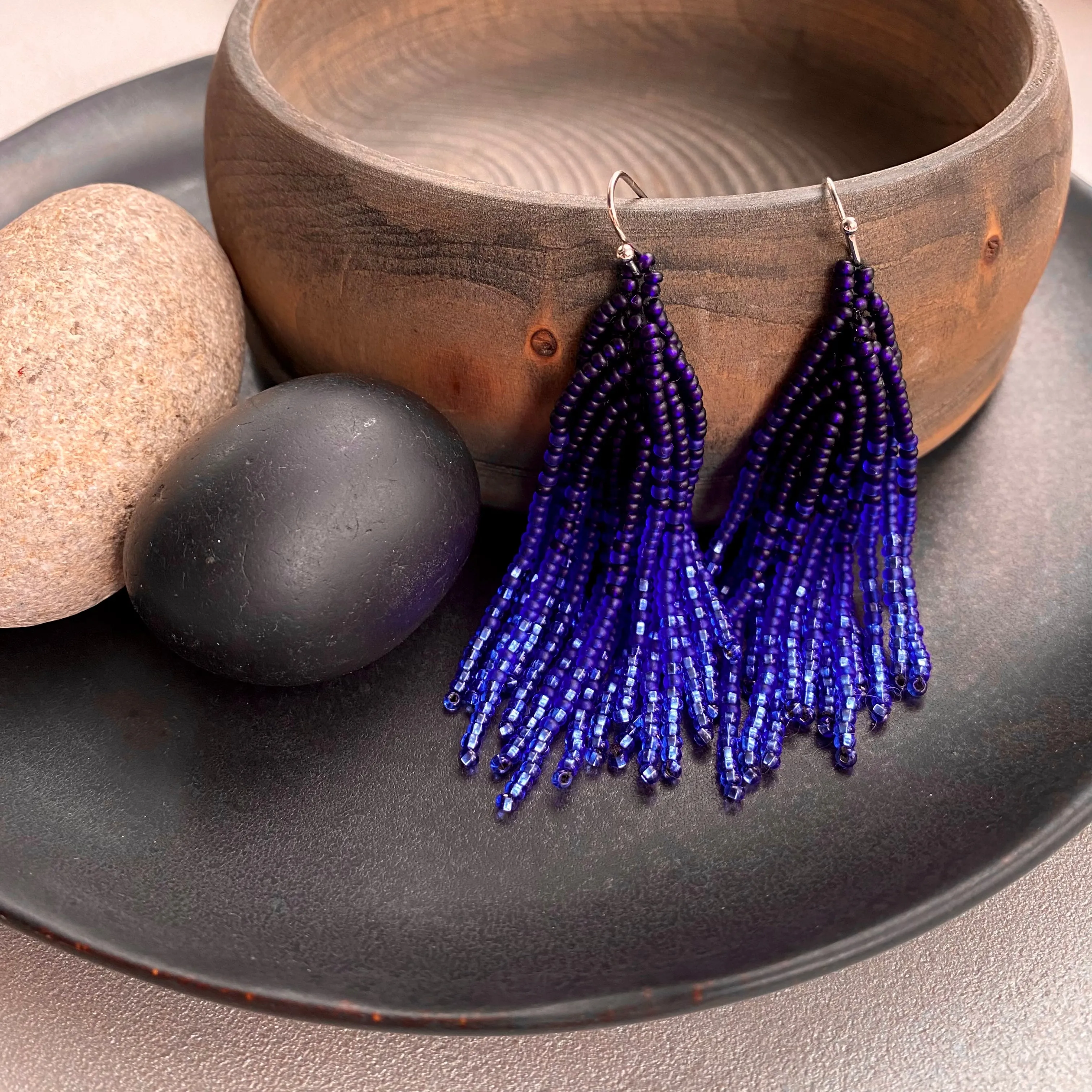 Handmade Blue Ombre Seed Bead Tassel Earrings for Women in boho hippie style.