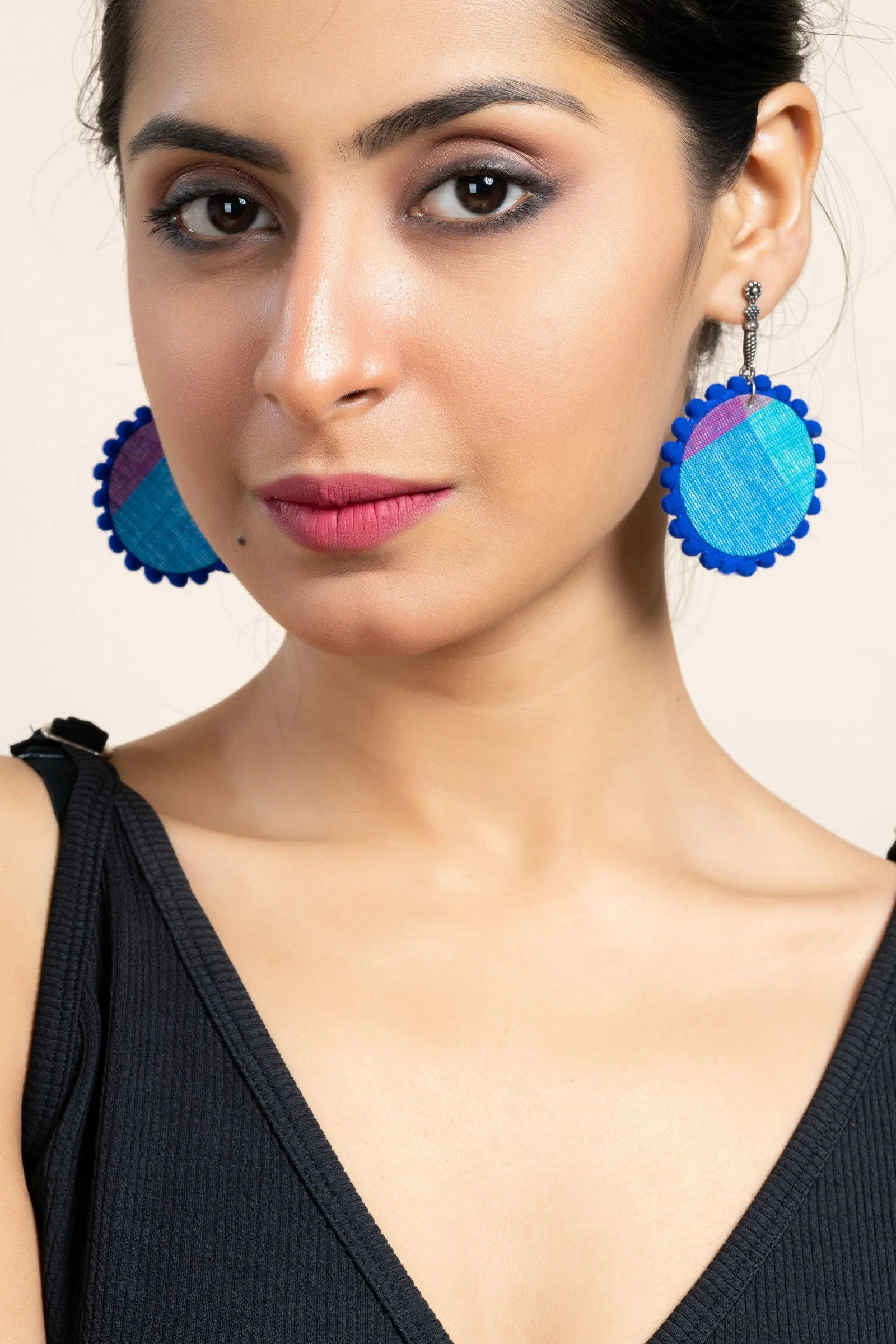 Handmade Turquoise Blue and Pink Fabric Earrings with Oxidized Stud, Unique Cotton & German Silver Jewelry