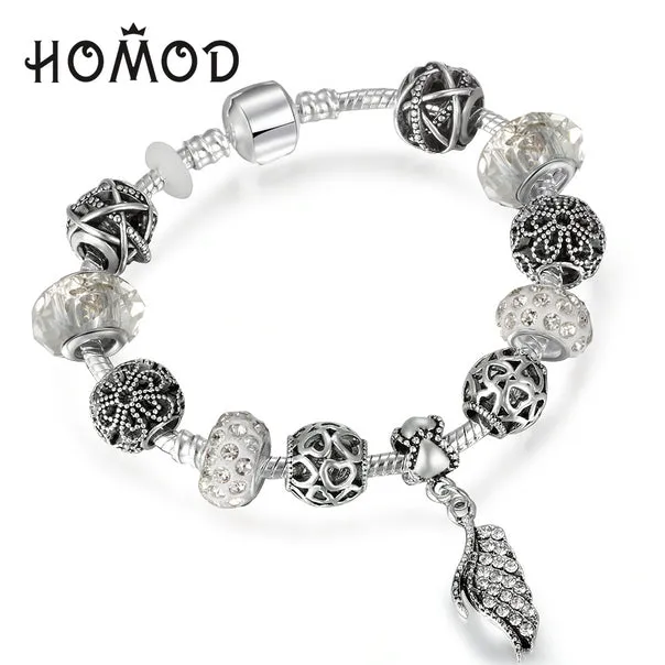 HOMOD Promotion Sale Summer Style Antique Charm Bracelets With Majestic Feathers Pendants Pandora Bracelet for Women Wedding