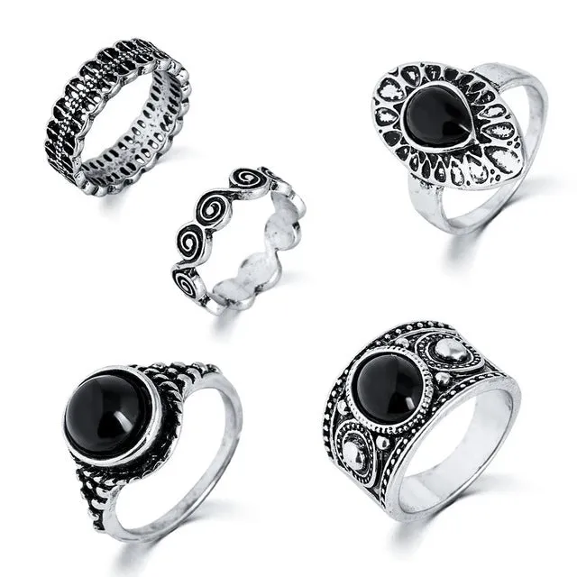 IF YOU Turkish Vintage Ring Sets 5PCs/Set Antique Alloy Black Stone Midi finger Rings for Women Lady Steampunk Anillos Dropship