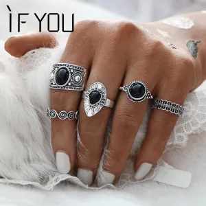 IF YOU Turkish Vintage Ring Sets 5PCs/Set Antique Alloy Black Stone Midi finger Rings for Women Lady Steampunk Anillos Dropship