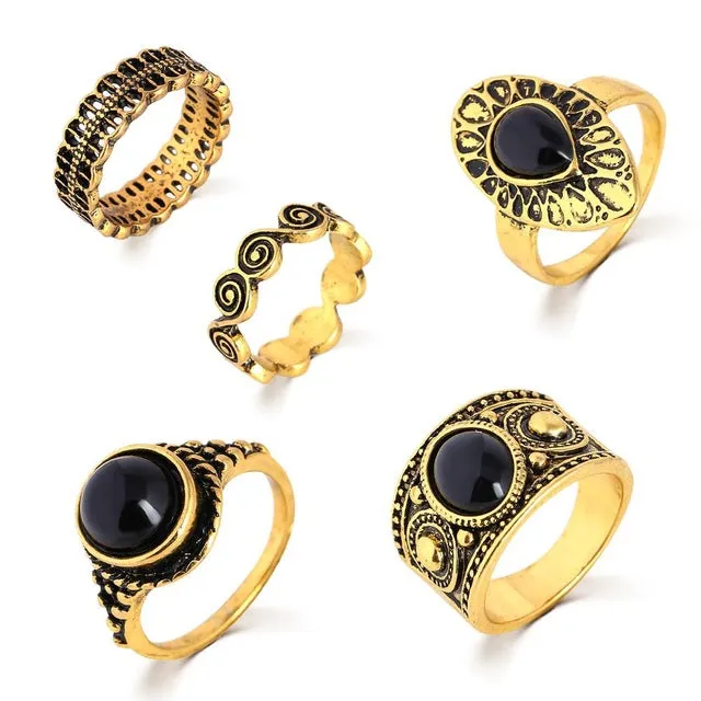 IF YOU Turkish Vintage Ring Sets 5PCs/Set Antique Alloy Black Stone Midi finger Rings for Women Lady Steampunk Anillos Dropship