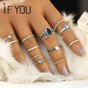 IF YOU Vintage Boho Ring Set Tibetan Antique Artificial Stone Midi Rings Sets for Women Fashion Steampunk Anel Aneis Jewelry