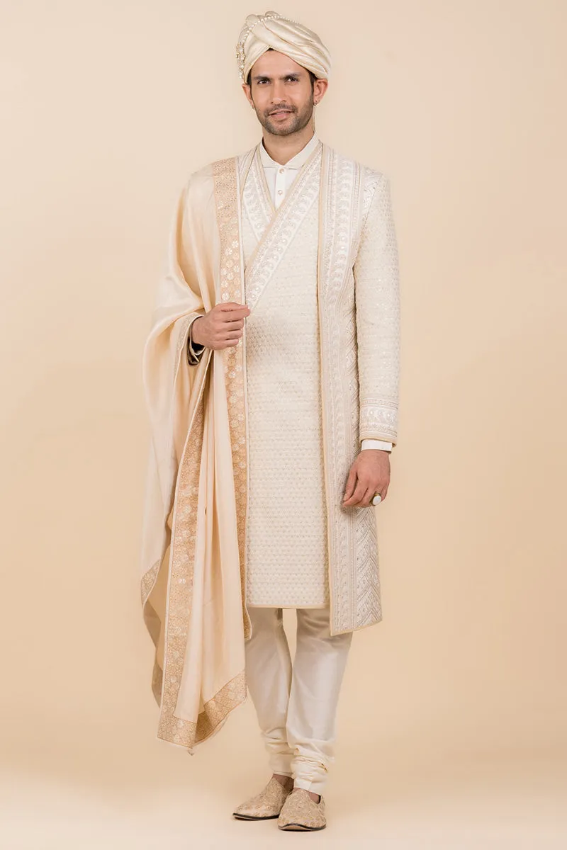 Ivory Angarakha Style Layered Sherwani