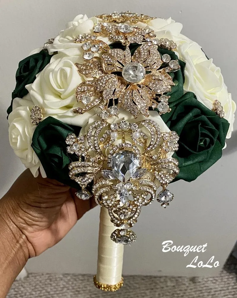 Ivory Emerald Real Touch Roses Brooch Bouquet