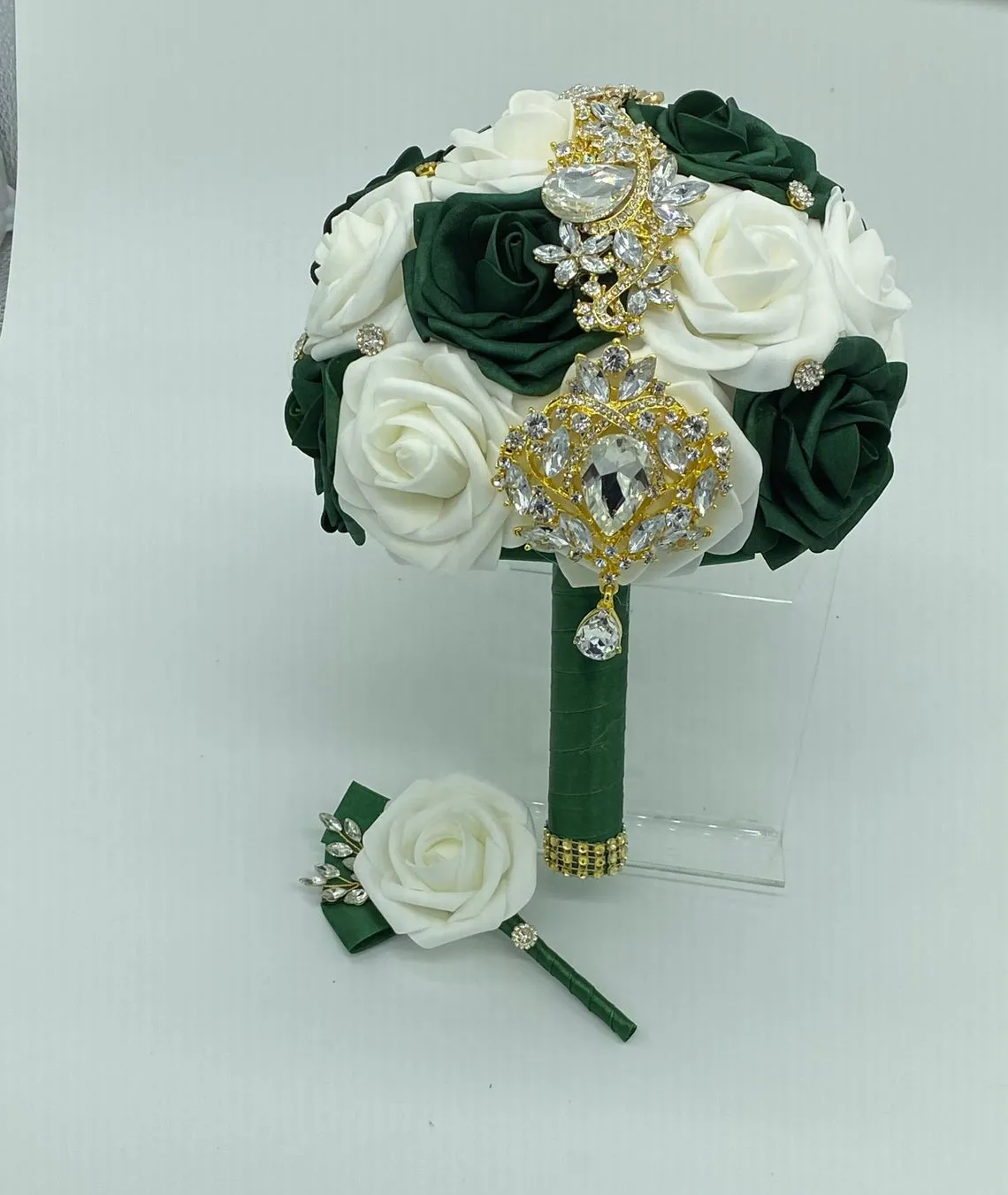 Ivory Emerald Real Touch Roses Brooch Bouquet