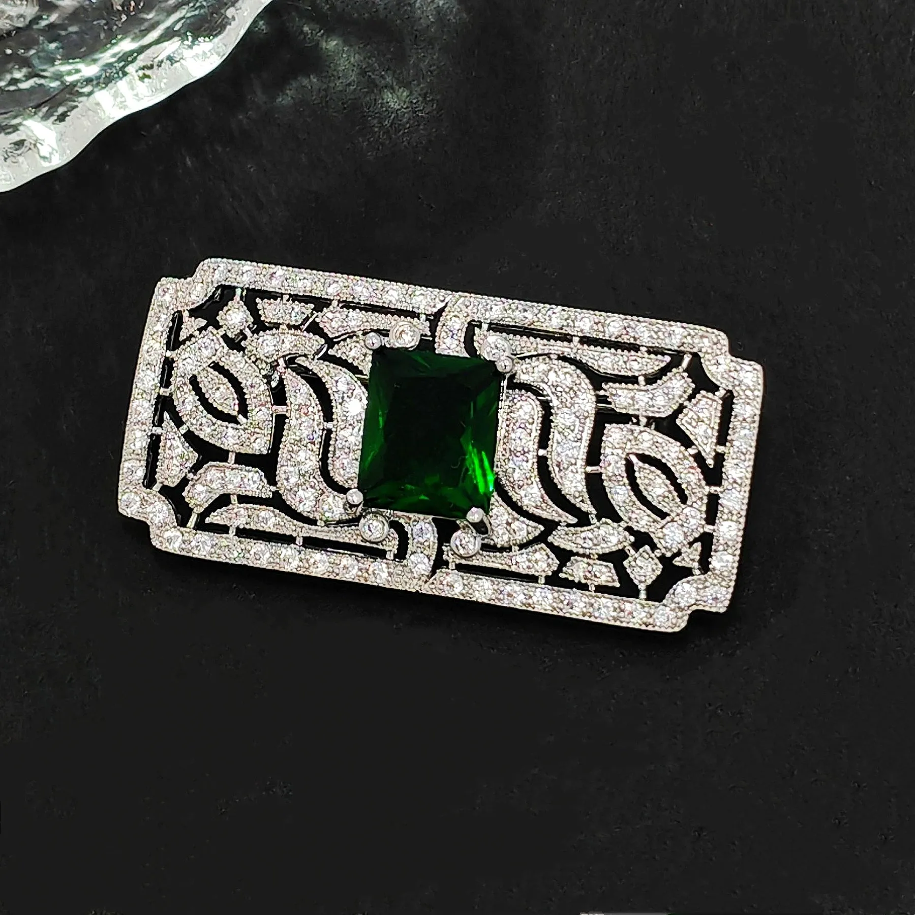 Jewelblings Old European Style Vintage Green Stone Domed Art Deco Rectangle Shaped Brooches Pins for Women Shawl Business Suit Formal Dress